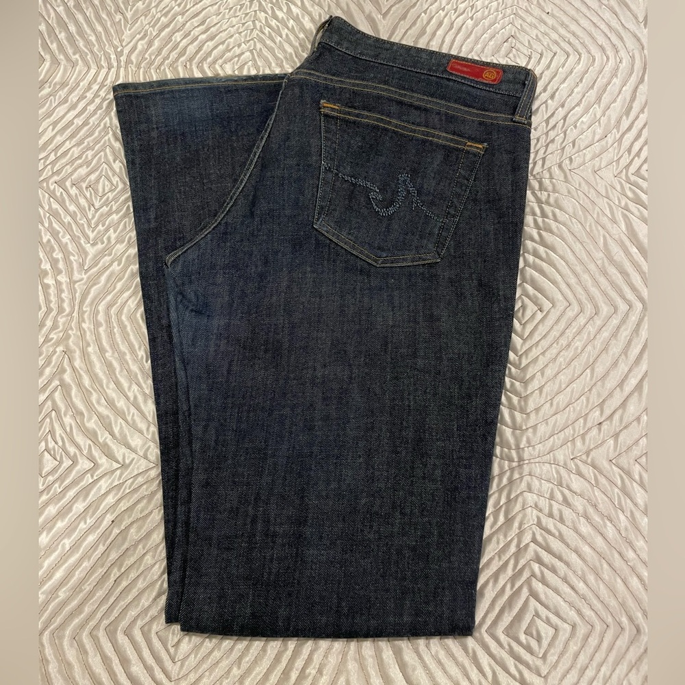 AG the club jeans in dark wash 31R (10 or 12) - mid-rise, wide leg w flare.